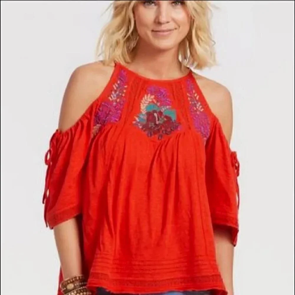 Free People cold shoulder embroidered top